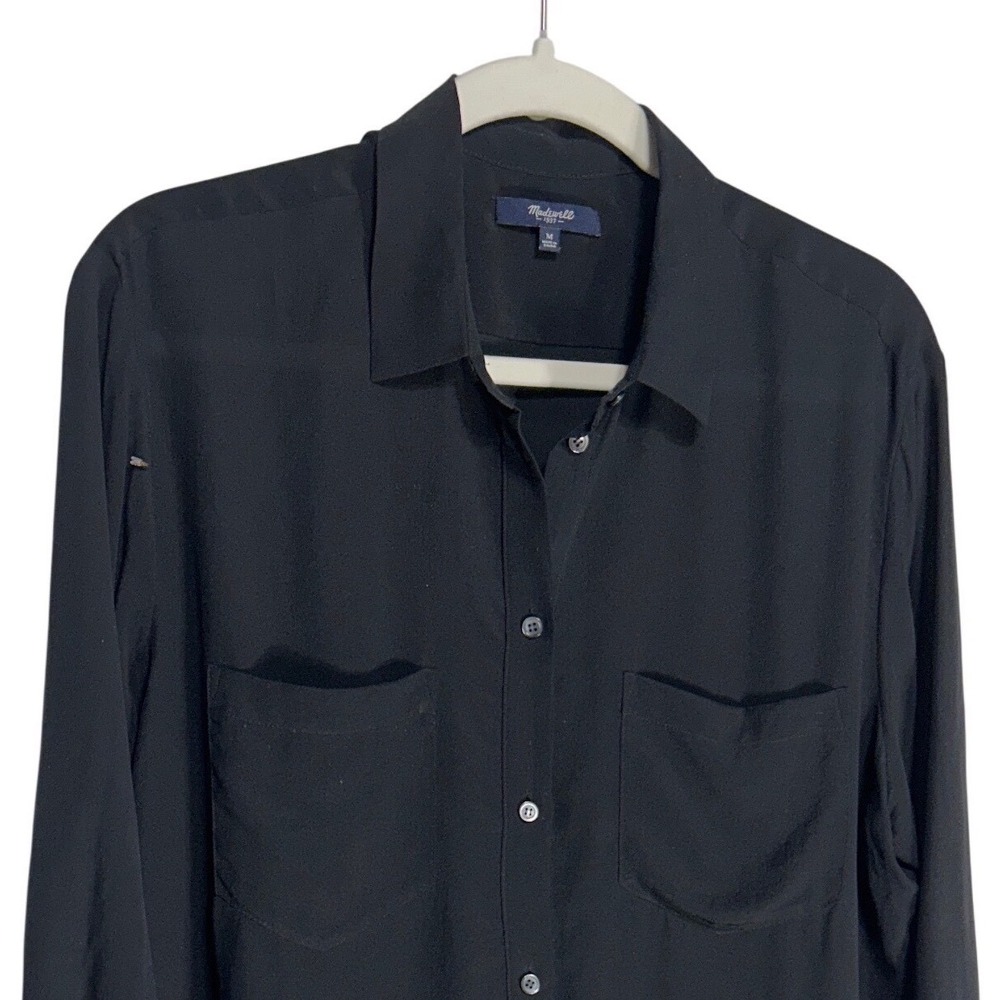 Madewell Black 100% Silk High Low Hem Button Down Pocket Shirt Women's Size M